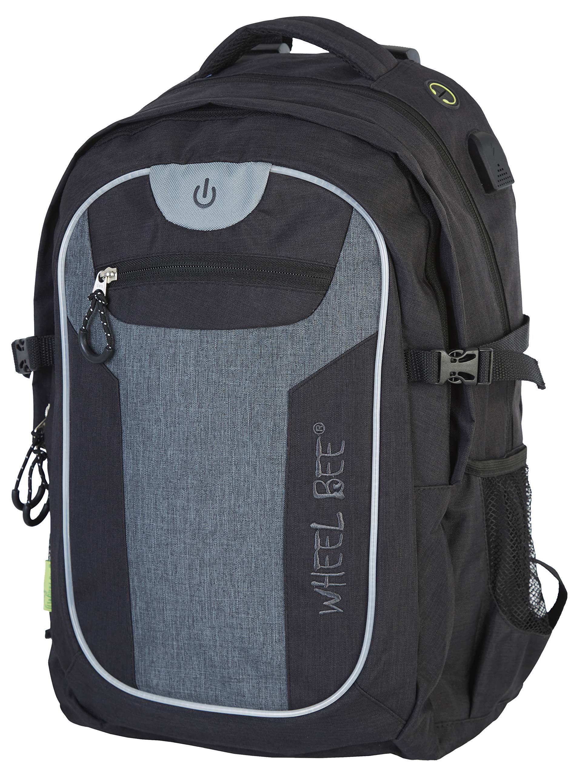 Wheel Bee Revolution Backpack, Design: Black-Gray, with Integrated LED Light (Green) and Reflective Strips for Safety and Visibility, Volume 30 Liters, Numerous Compartments, 950050