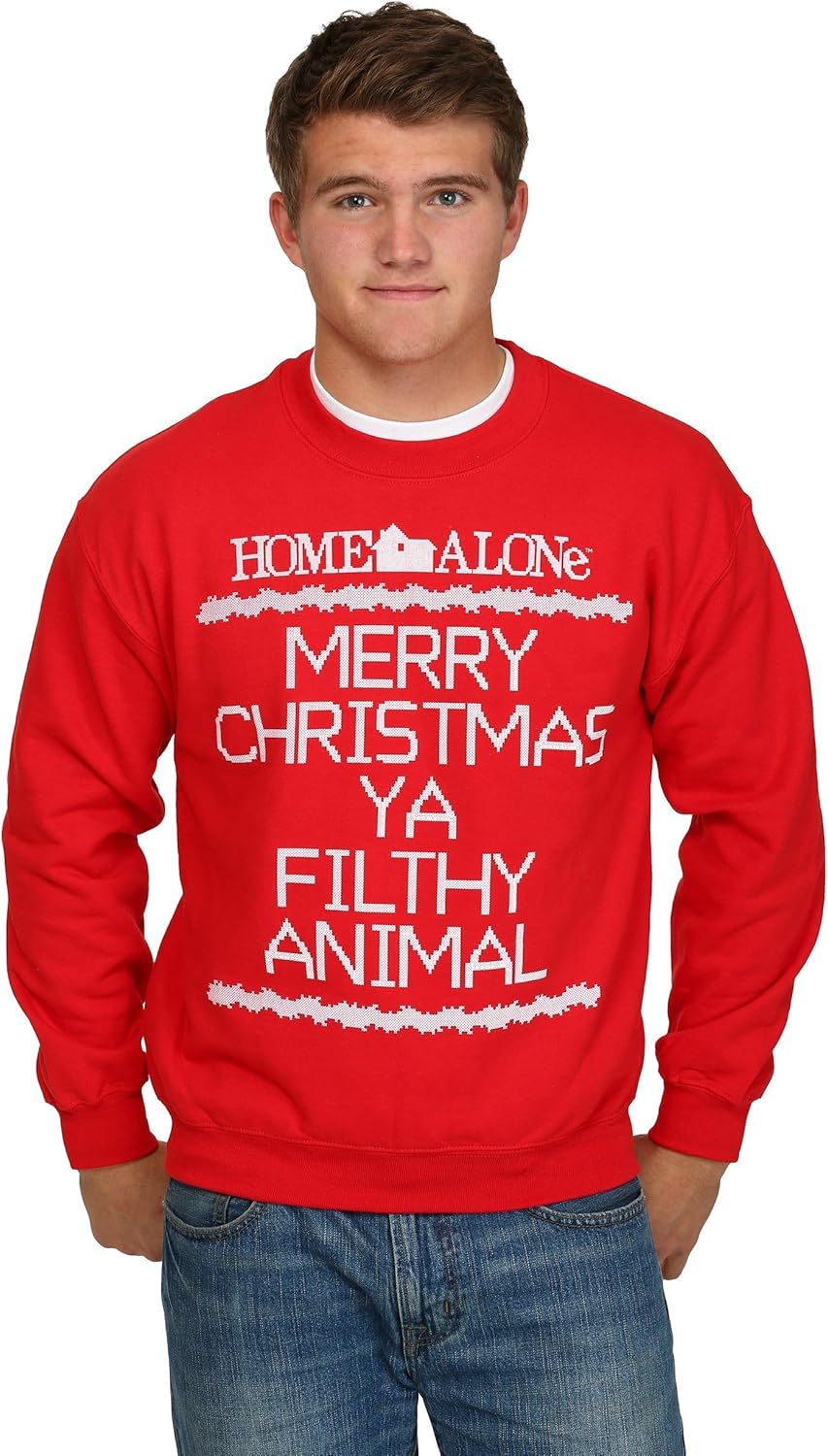 Home Alone Men's Ya Filthy Animal Ugly Sweater Sweatshirt, Red, Large at Amazon Menâs Clothing store