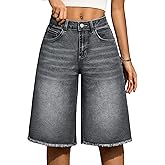 IWD Wide Leg Bermuda Jean Shorts Womens Mid Rise Stretchy Vintage Denim Y2K Shorts Raw Hem Baggy Jean Jorts