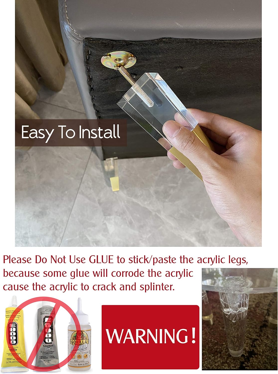 Acrylic Furniture Legs Replacement Sofa Feet Cabinet Modern Clear Decor DIY Legs Square Style Set of 4 (4.7inch Square) - Image 5