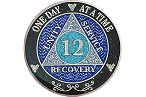 SIMPLY MINIMAL (Years 1-50) 12 Year AA Recovery Silver Color Plated Glitter Medallion, Black Rainbow, Blue, Silver Glitter Coin, Epoxy Covered (AA 12 Year Glitter Medallion)