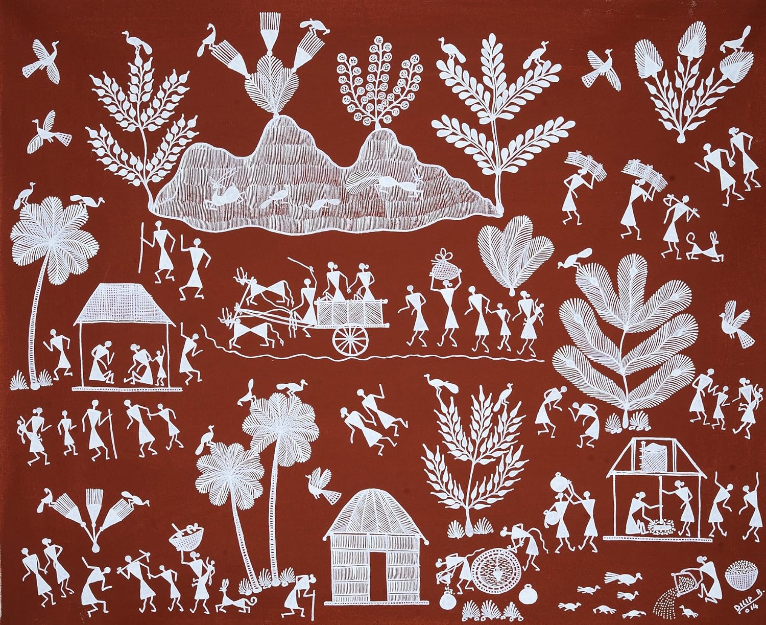 Village Scene Warli Painting On Cotton Fabric Folk Art of the Warli