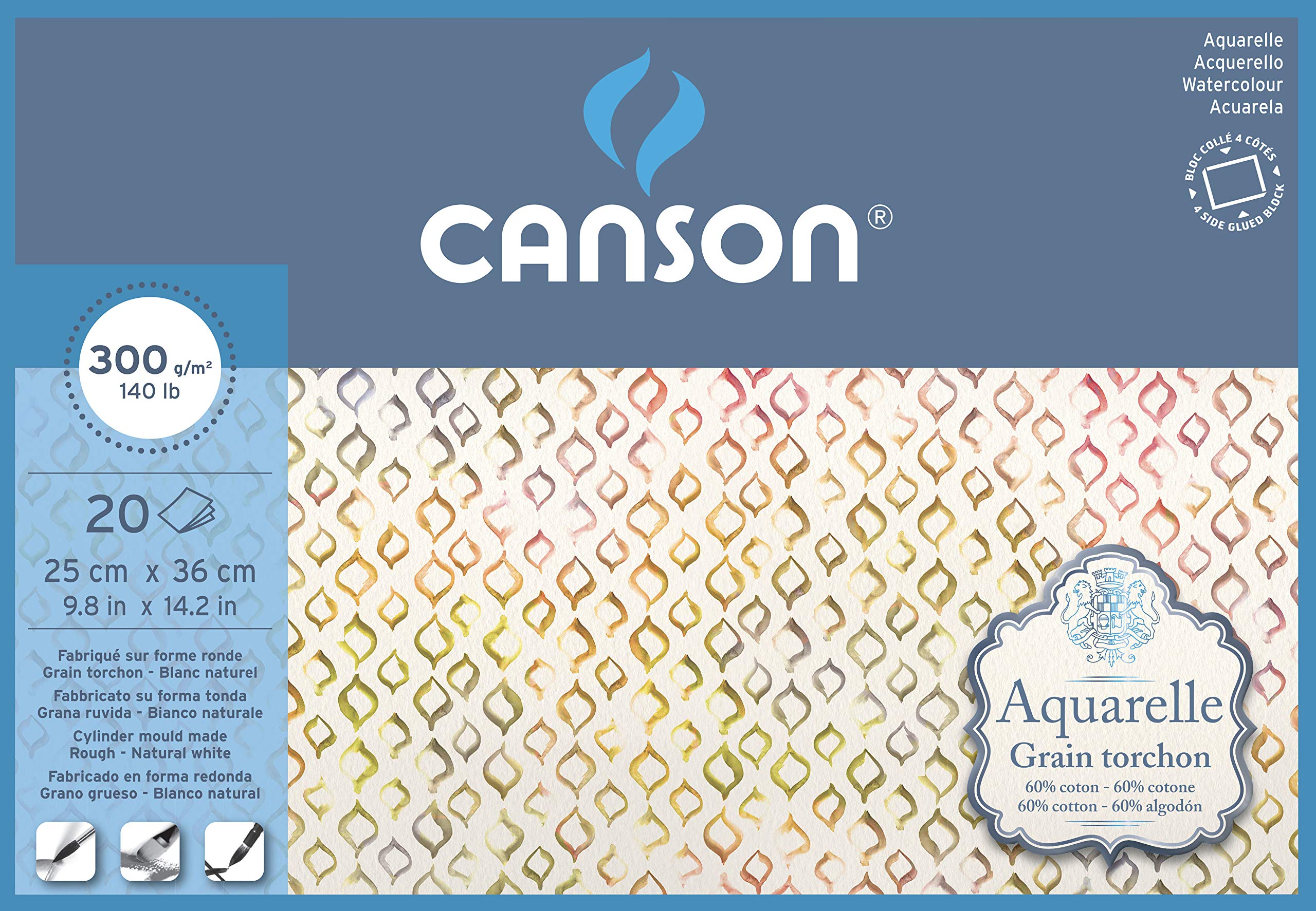 CANSON Aquarelle Watercolour Rough 300gsm Paper, Block Glued 4 Sides, 25x36cm Natural White 20 Sheets, For Professional Artists — image 1