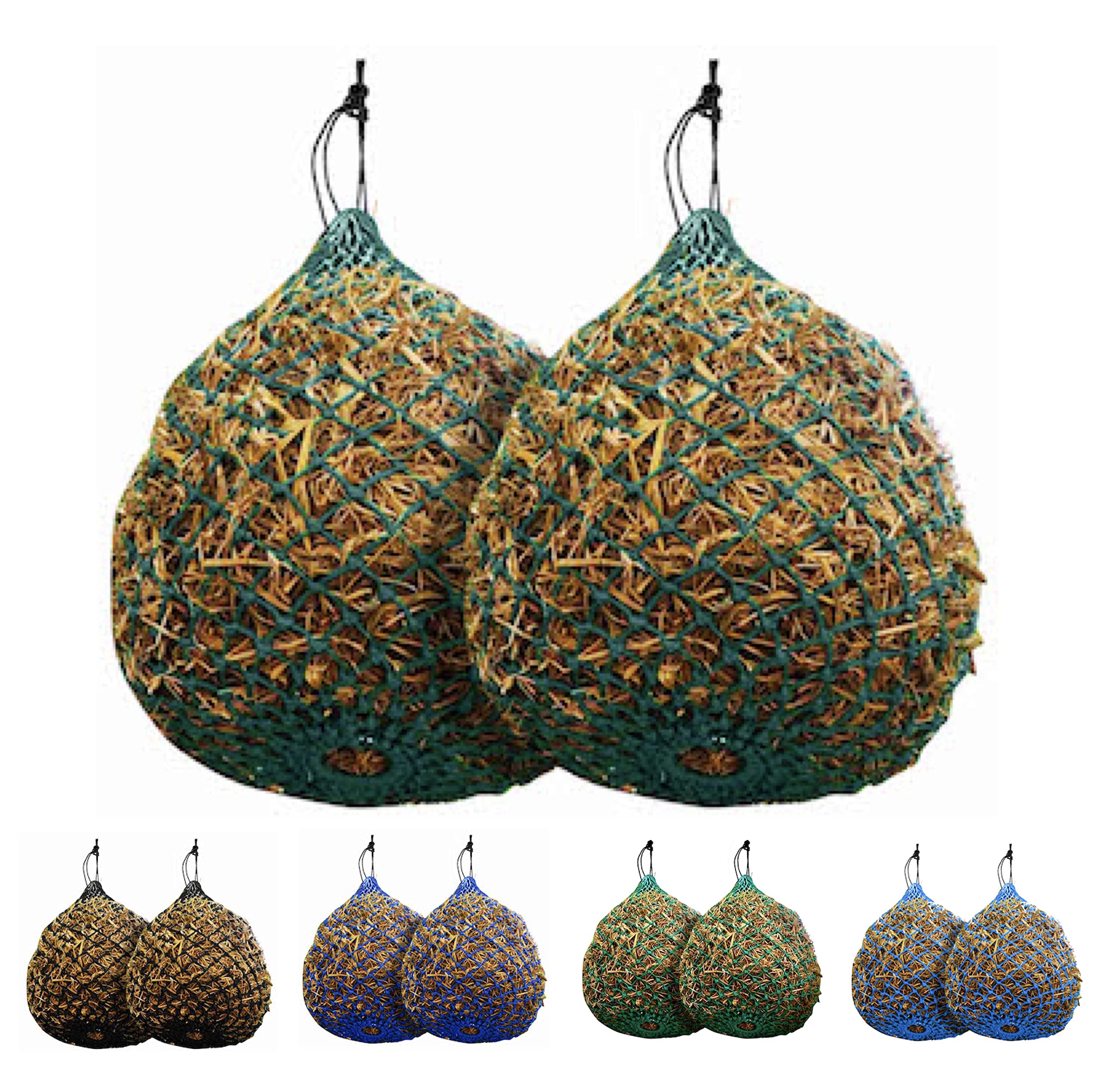 Majestic Ally 2 Pcs 1.25”x1.25” Holes Ultra Slow Feed 40” Very Sturdy Hay Net with Bottom Ring for Goat, Sheep and Livestock Simulatr grazing, Reduces Waste (Hunter Green)