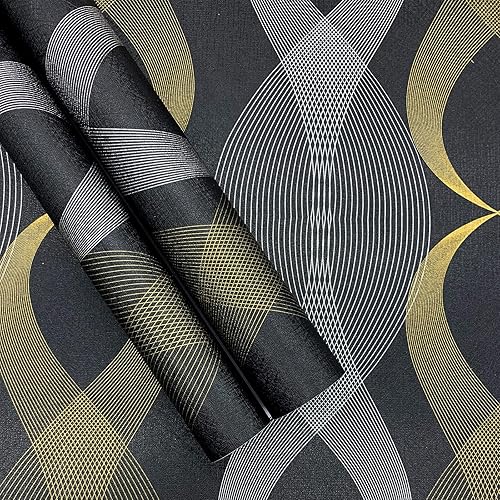 Black Wallpaper Peel and Stick Wallpaper 17.7"x236" Black and Gold Stripe Wallpaper Removable Contact Paper Self Adhesive Waterproof Vinyl Film for Wall Covering Bedroom Decorative