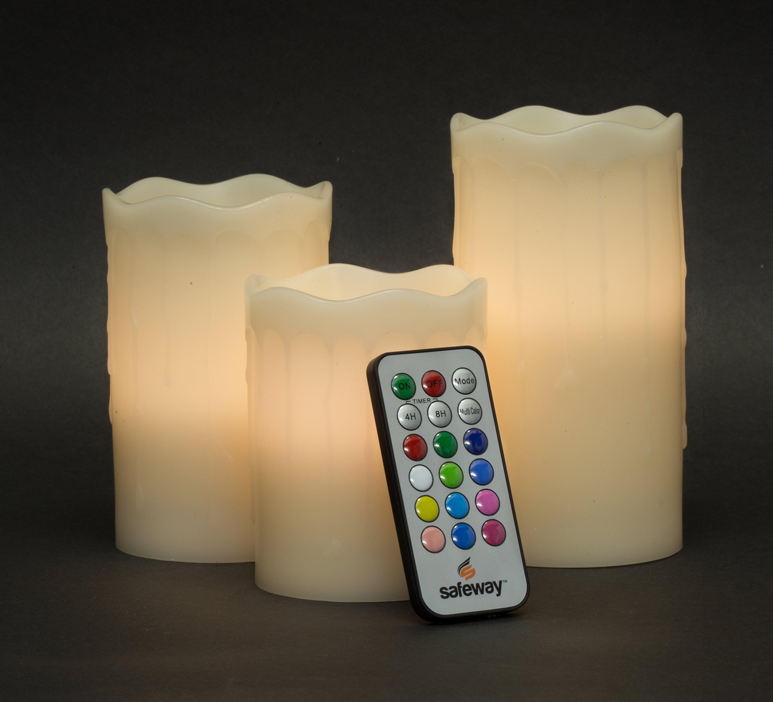 Safeway Candlelites - Set of 3 Drip-Look Round LED Candle Lights Vanilla Scented, Flameless, Colour Changing With Flickering Flame, Smooth Real Wax, High Performance With Remote Control Timer [Energy Class A]