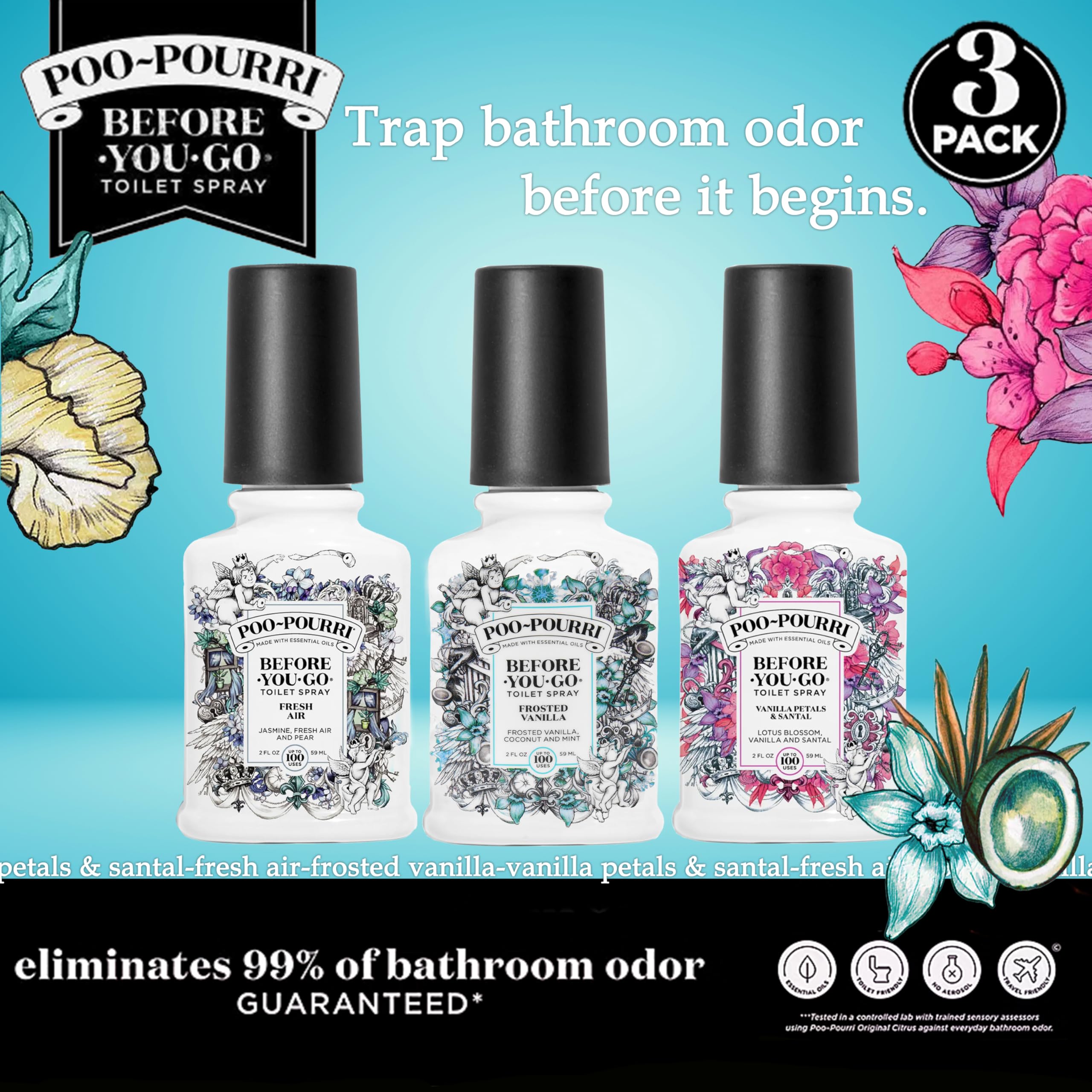 Poo-Pourri Before-You-Go Toilet Spray, Spring 2 Oz Variety Pack– Apple Bottom, Peaches & Cream, and Fir Flush