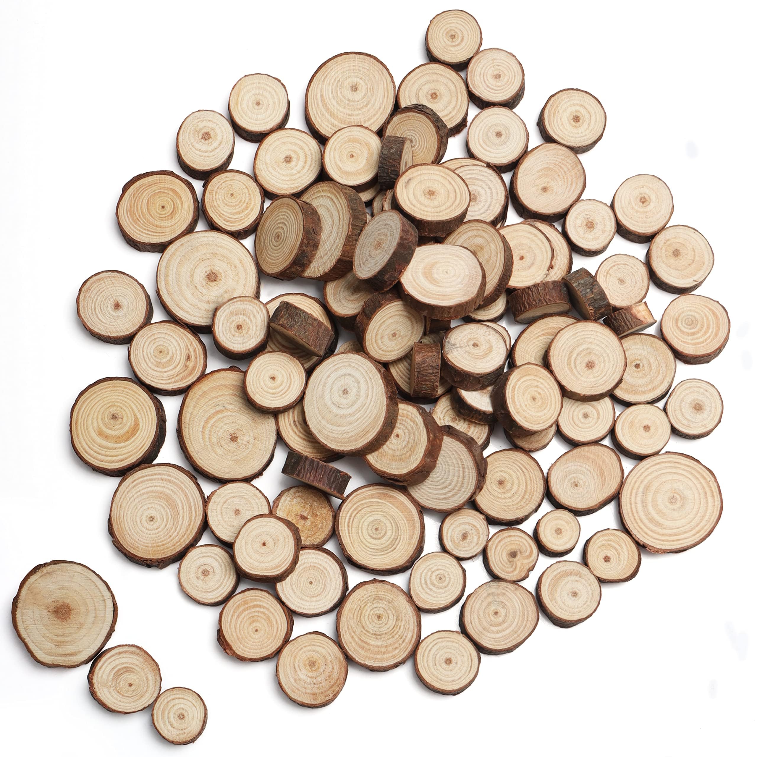 Kurtzy 100 Pack Round Wooden Discs - 1.3-3.3cm / 0.51-1.29 inches Wood Slices - Wooden Log Circles with Bark and No Hole - for DIY Arts/Crafts, Christmas Ornaments and Wedding Decoration