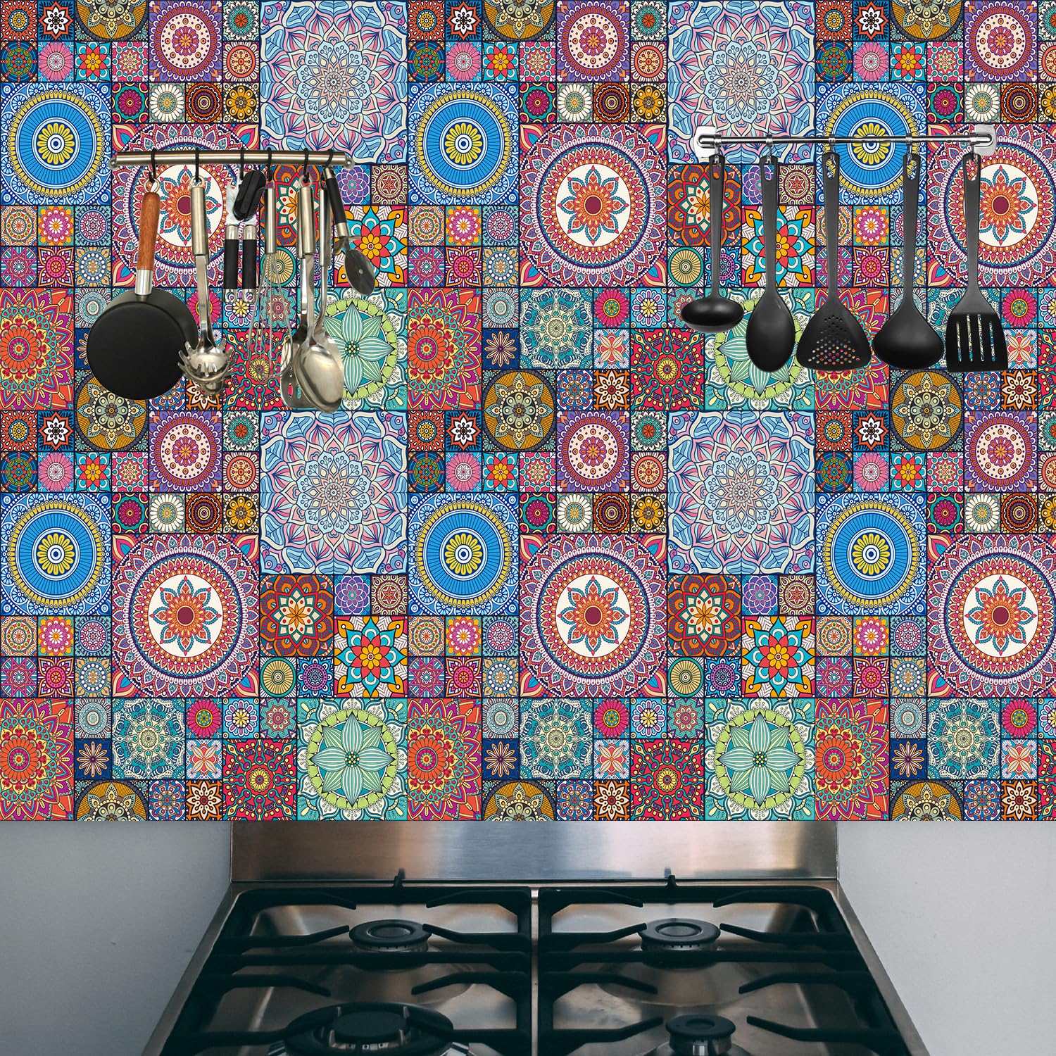 FLFK Middle East Arabic Ceramic Tile Pattern Stair Risers Stickers, Peel and Stick Tile Stickers for Kitchen Backsplash Wall Decals 18x100cmx6pcs