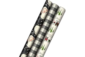 Hallmark Black Christmas Wrapping Paper with Cut Lines on Reverse (3 Rolls: 120 sq. ft. ttl) Retro Santa, Black and White Buffalo Plaid, Train and Trees (0005JXW1077)
