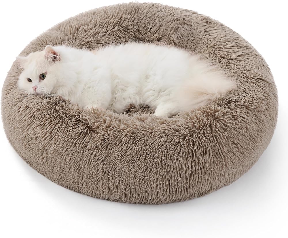 Bedsure Plush Round Cat Bed 50x50x13cm Camel Indoor Pets Calming