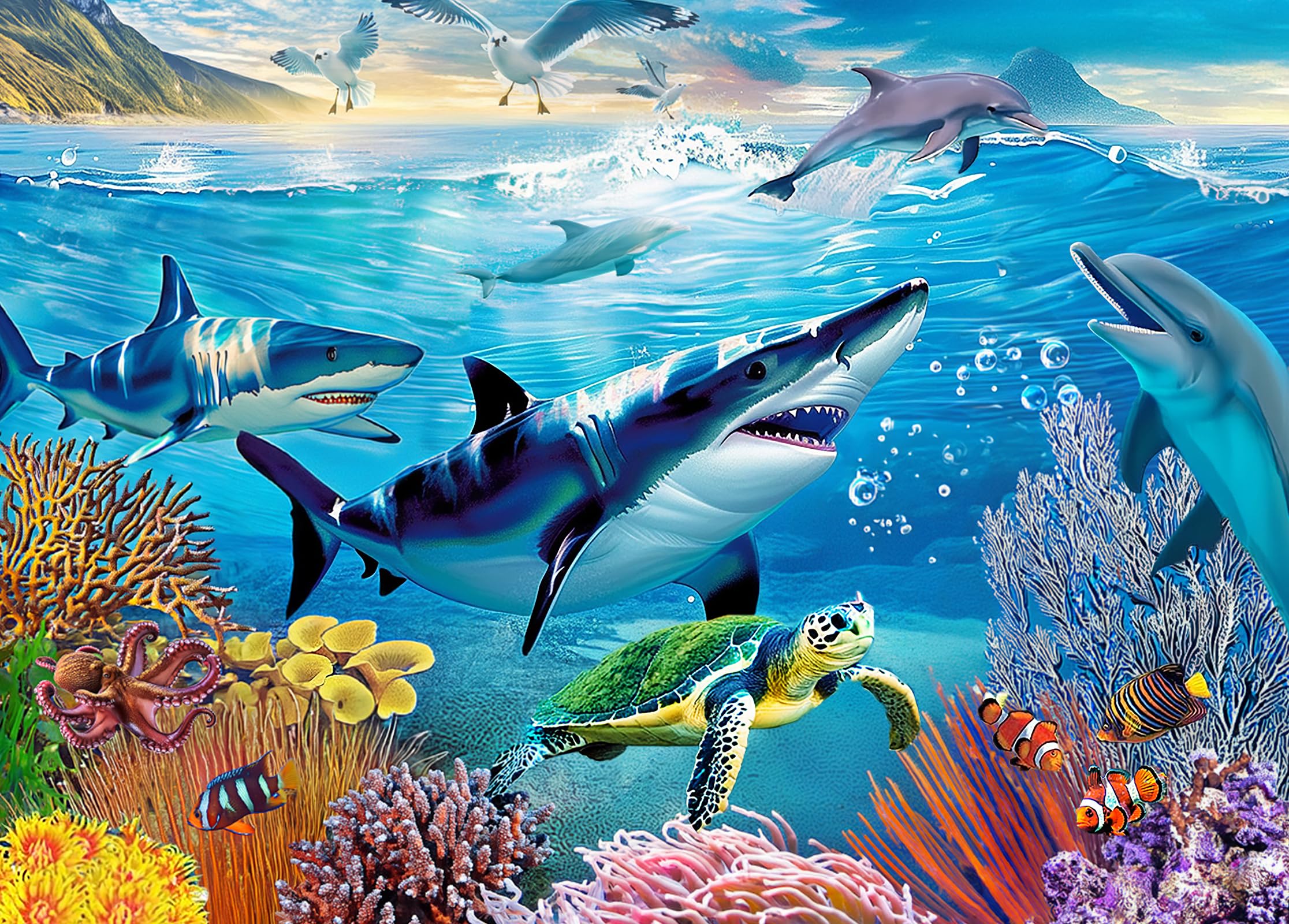 Large Piece 300 Piece Puzzle for Adults Kids Seniors - Underwater World Ocean Marine Life - Sharks Dolphins Turtles Coral Seagulls