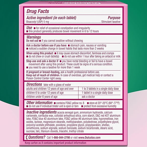 DULCOLAX PINK LAXATIVE COMFORT COATED TABLETS – 25 CT, PACK OF 6