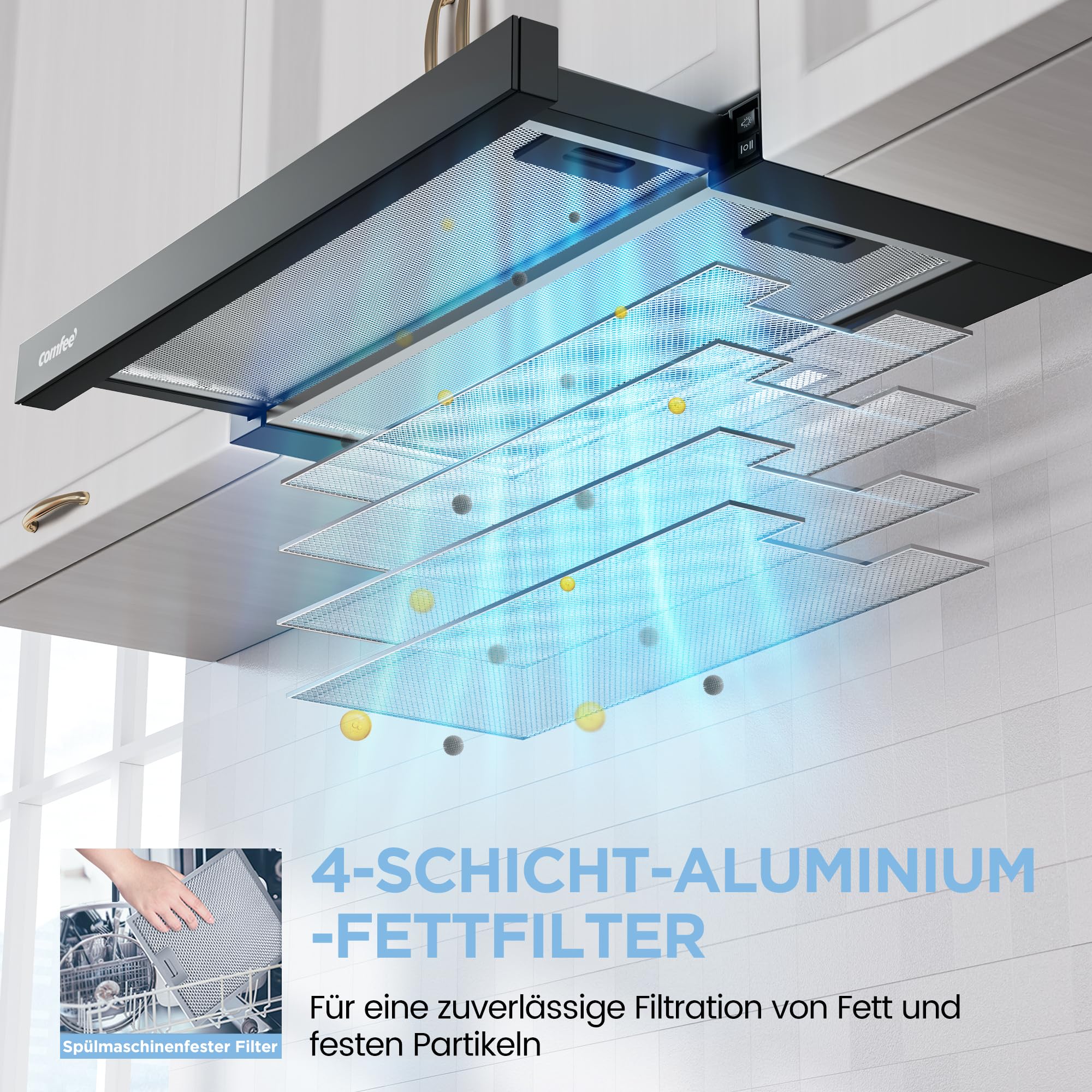 COMFEE' CHL03M21B Flachschirmhaube Dunstabzugshaube 60cm Umluft, 400 m³/h Luftstrom, Dunstabzug Unterbau Integrierte Einbau Flach Abluft Abzugshaube, Schwarz 5