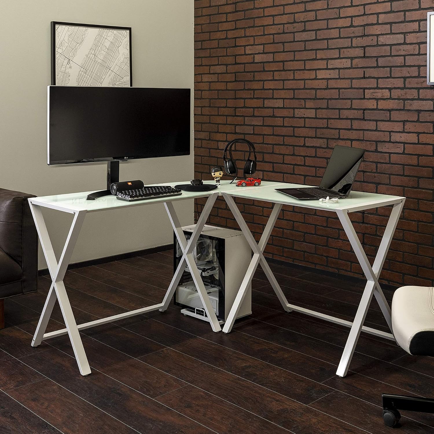 Walker Edison Elite Soreno Glass Corner Computer Desk, White, 51 Inch