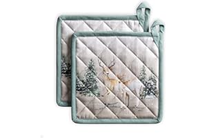 Maison d' Hermine Pot Holder 100% Cotton Set of 2, 8 Inch x 8 Inch with Loop Heat Resistant Hot Pads for Gifts, Grilling, Microwave, Barbeque, Deer in The Woods - Thanksgiving/Christmas