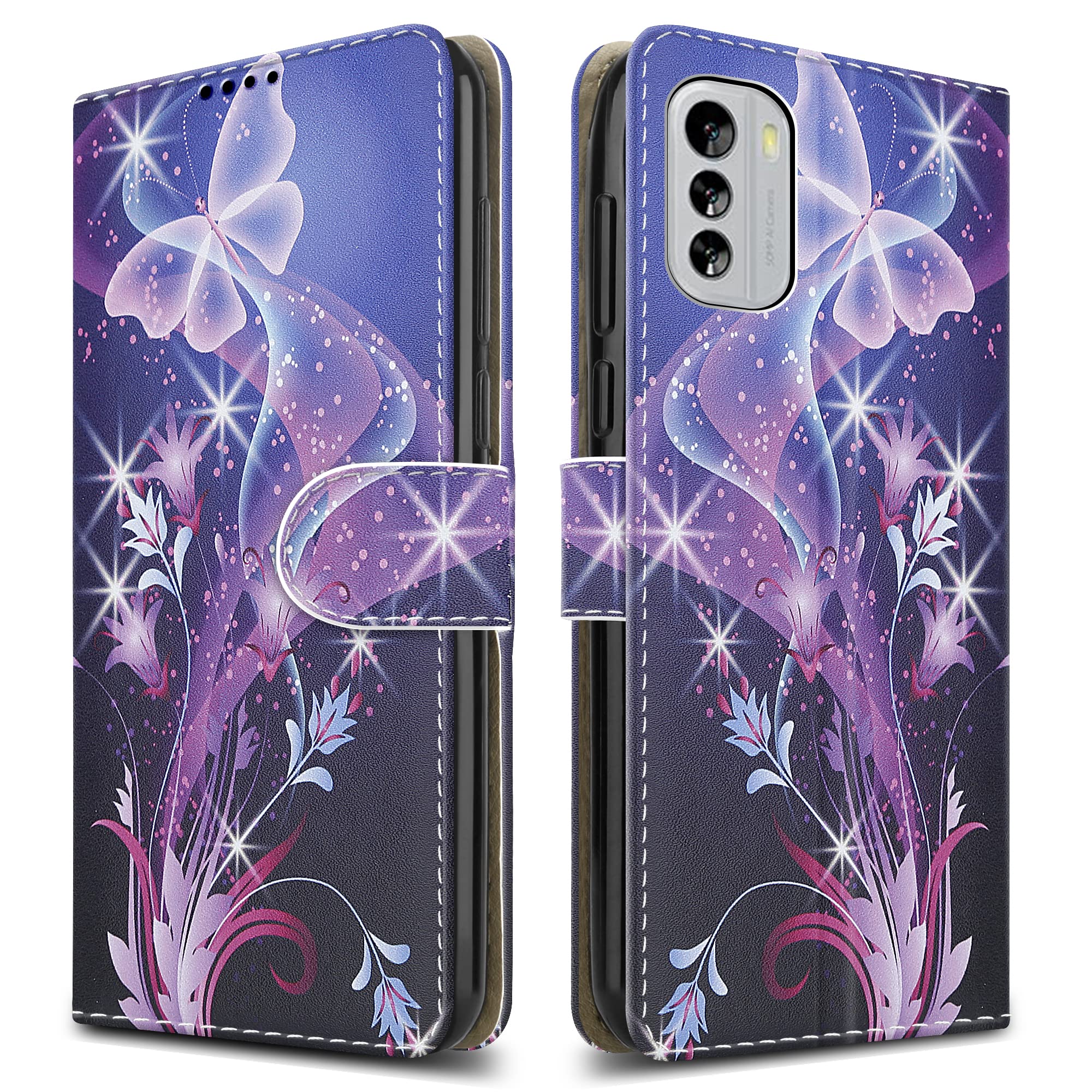 PIXFAB For Nokia G60 5G Leather Phone Case, Magnetic Closure Full Protection Book Folio Design, Wallet Case Cover [Card Slots] and [Kickstand] For Nokia G60 5G - Butterfly