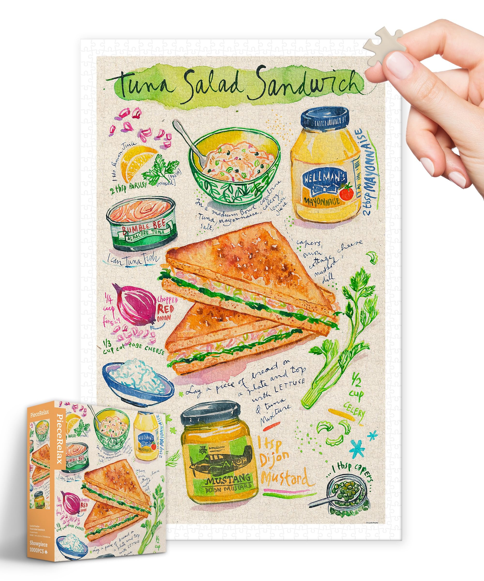 PieceRelax 1000 Pieces Plastic Jigsaw Puzzle for Adults - Lucile Prache - Tuna Salad Sandwich - Challenging Extra Small Pieces, No Mat Needed, Relaxation & Gift [H3338]