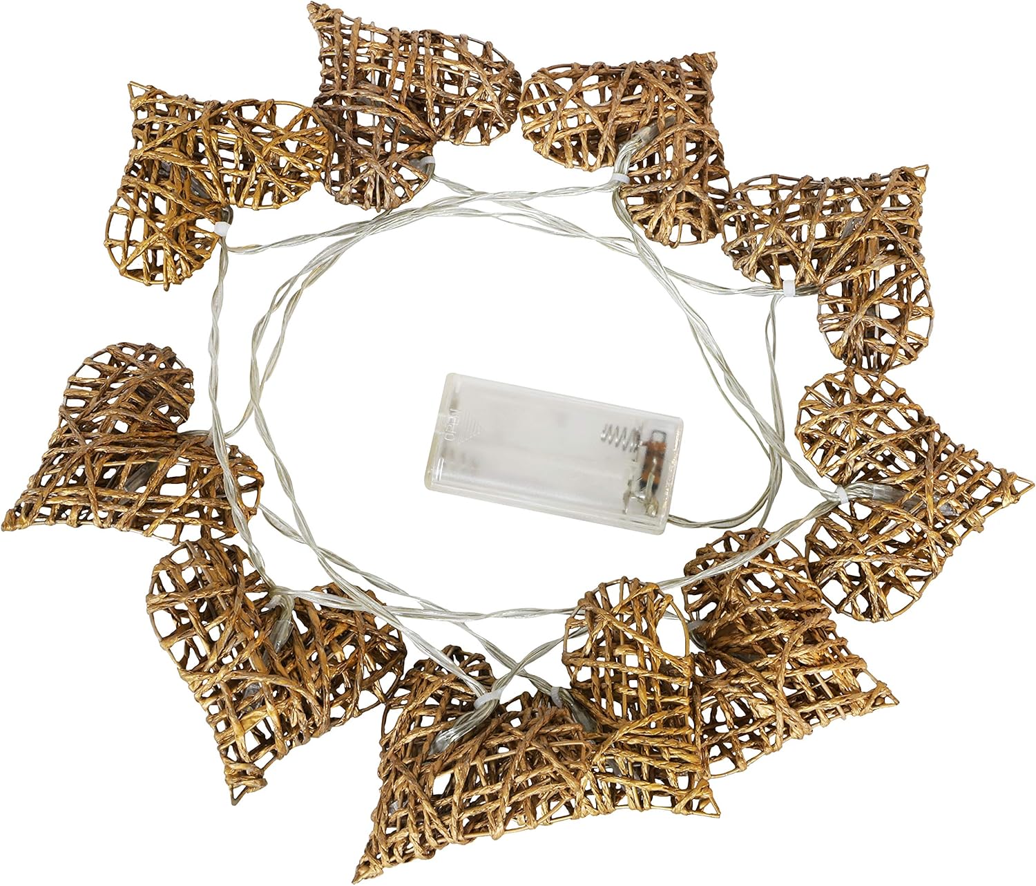 Christmas Concepts® 10 Gold Rattan Heart Lights with Warm White LED Lights - 1.5m (5ft) Length - Battery Operated - Image 5
