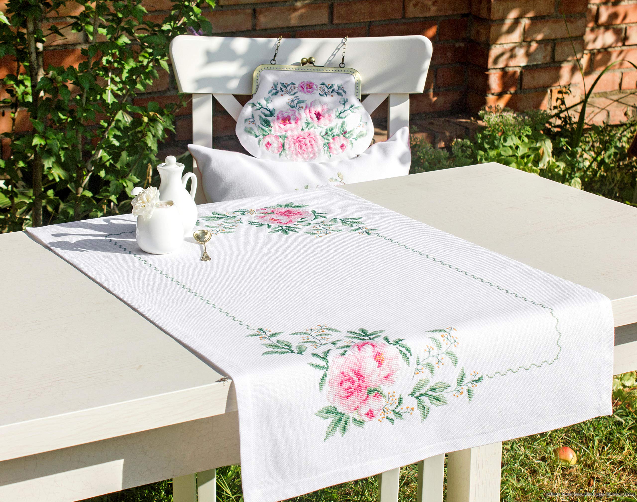 Luca-S FM009 Peonies Cross Stitch Kit Table Runner Cotton, Multicoloured, 75 x 46 cm