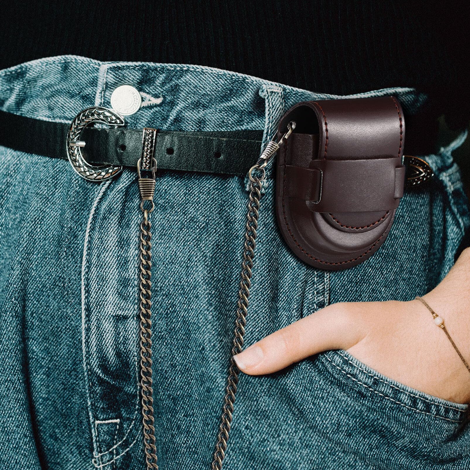 Hemobllo Leather Pocket Watch Pouch - Pocket Watch Leather Case with Bronze Chain Vintage Belt Holder Case for 38mm-45mm