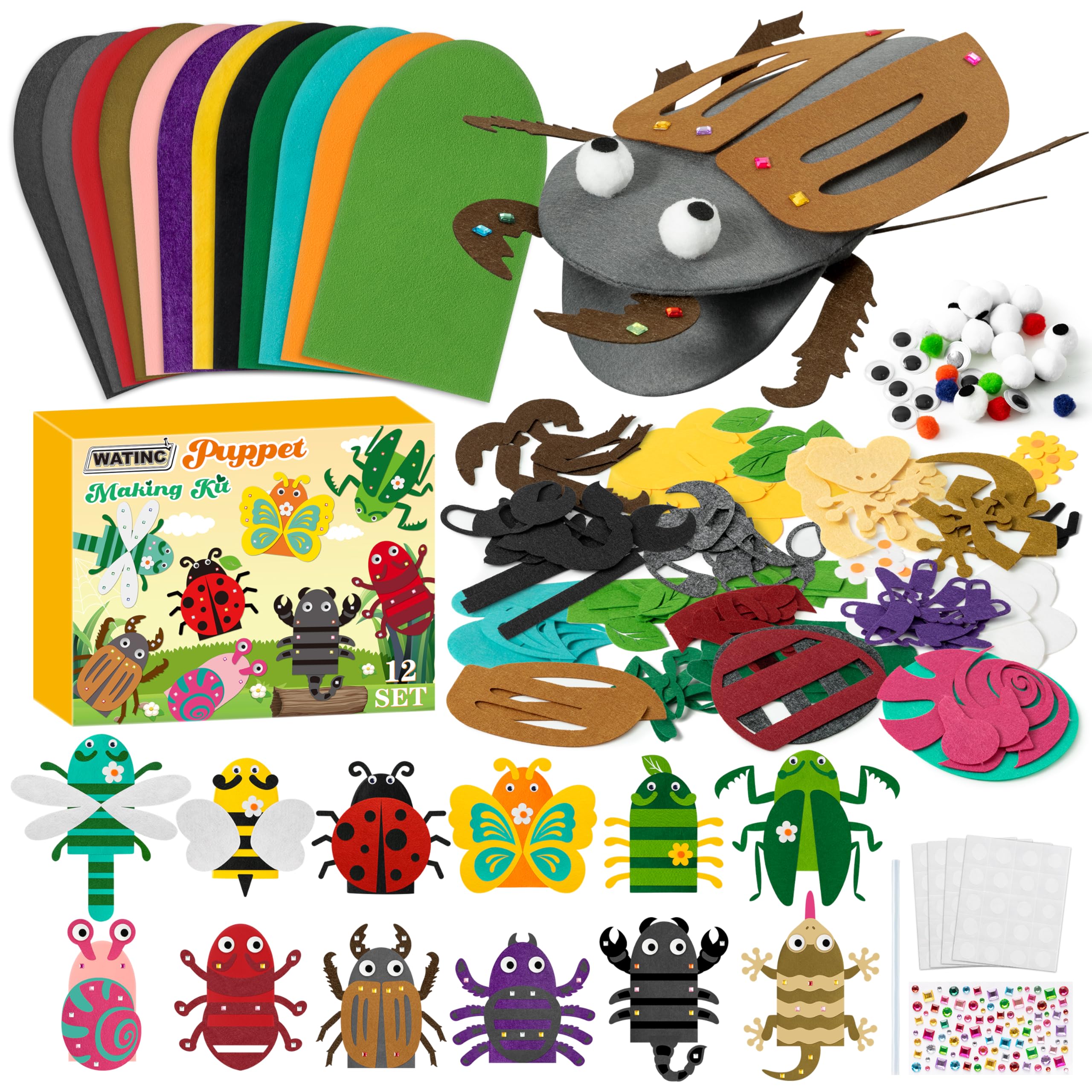 WATINC Hand Puppet Making Kit, 12PCS Creative DIY Make Your Own Pompoms Wiggle Googly Eyes Storytelling Role Play Art Craft Felt Sock Puppet Toys Party Supplies Gift for Girls Boys (Insect Animals)