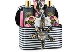 LOVERY Christmas Home Spa Gift Basket, 8 Piece Bath & Body Set For Women and Men, Fresh Peony Scent - Contains Shower Gel, Bubble Bath, Lotion, Bath Salt, Body Scrub, Bath Soap, Back Scrubber & Cosmetic Bag