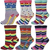 Sumona 6 Pairs Women Colorful Fancy Design Soft & Stretchy Novelty Crew Socks (Rainbow Stripes)