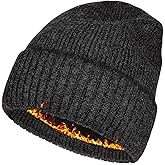 Plus Size Fleece Lined Beanie Hat - M/L/XL/XXL Merino Wool Beanie Hat for Men - Large Winter Hat Ski Skull Cap for Big Heads