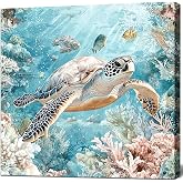 Sea Turtle Bathroom Wall Decor Ocean Theme Framed Canvas Wall Art Coastal Nautical Prints Picture Watercolor Coral Marine Life Painting for Kid Bedroom Living Room Home Decoration 14x14&rdquo;