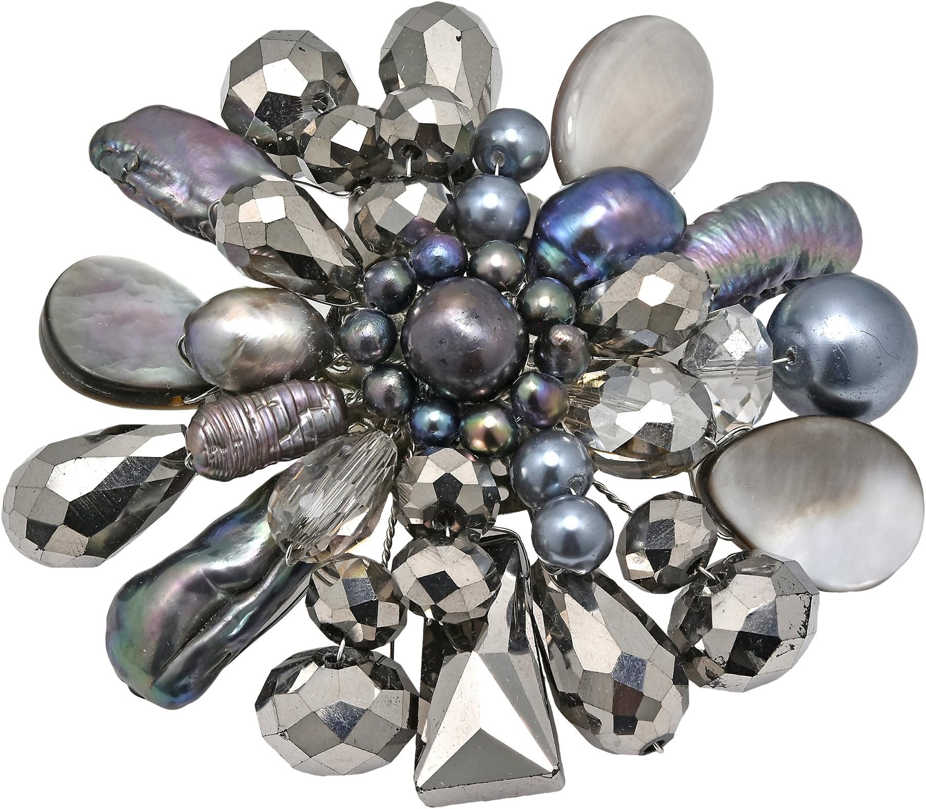 AeraVidaMidnight Ocean Marigold Cultured Pearls and Mother of Pearl Shell Cluster Vintage and Chic Brooch Pin Fashion Accesory