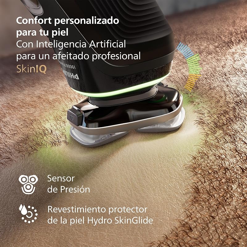 i9000 Prestige, Afeitadora Eléctrica Hombre, Máquina de Afeitar Barba en Seco y Húmedo, Tecnología SkinIQ, Base de Carga, Recargable, Estuche de Viaje, Centro de limpieza, XP9207/30