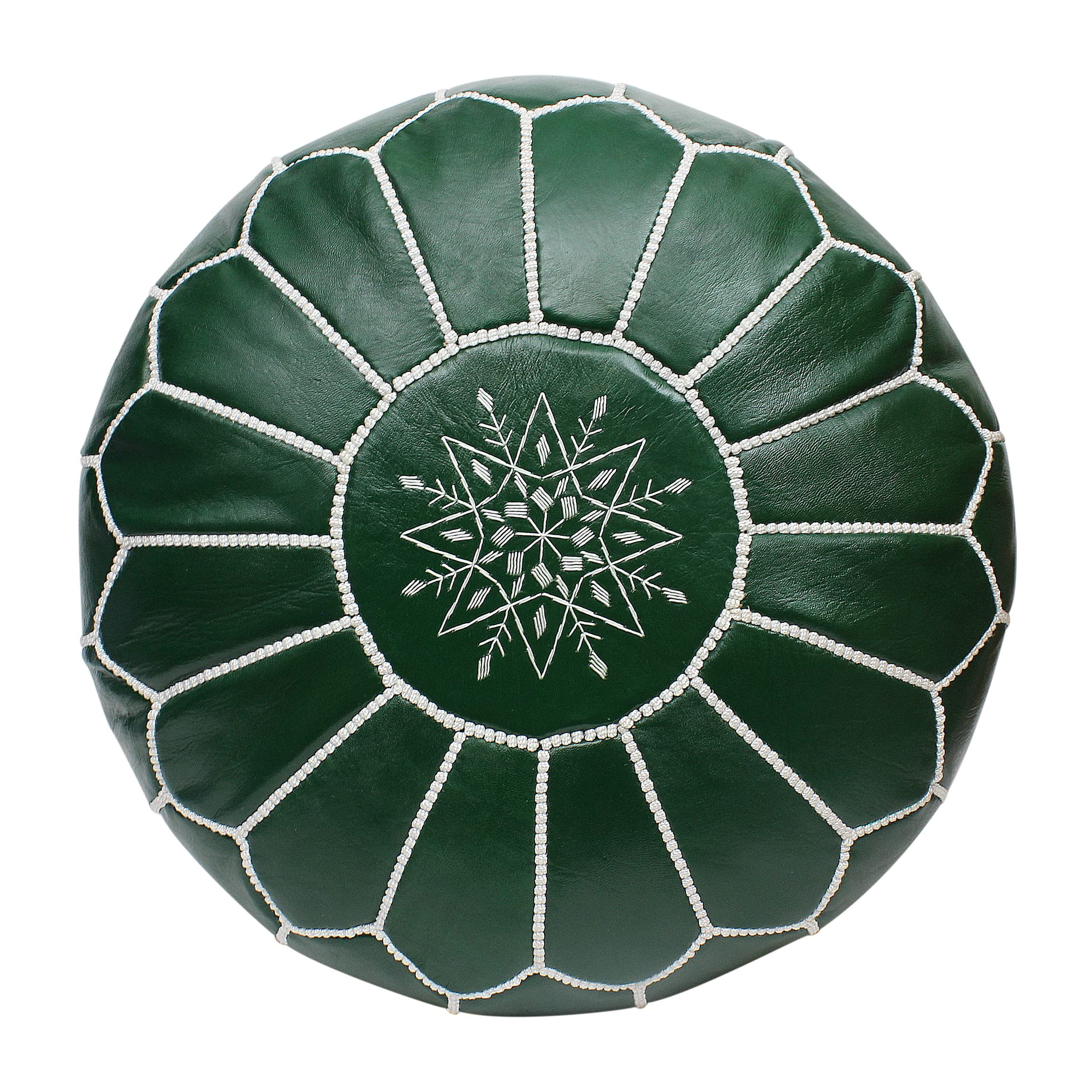 ESSENCE OF MOROCCO Moroccan Pouffe Pouf Footrest Footstool Ottoman Real Leather Green White Handmade Hand-stitched with Embroidered Marrakech Design (COVER ONLY)