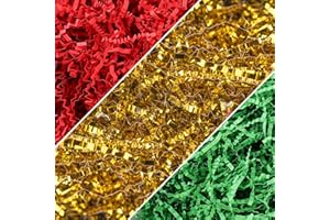 GLOREYAN 3 Colors Christmas Crinkle Cut Paper Shred, Xmas Red Green Gold Raffia Paper Sherd Filler Grass for Gift Wrapping Basket Filling Birthdays Weddings Party Supply（10.6oz）