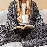 SAMIAH LUXE Chunky Knit Blanket Throw 50x60", Grey Chenille Chunky Knit Throw Blanket for Living Room Decor or Boho Decor, Thick Yarn Knitted Blankets for Couch or Bed, Cable Knitted Crochet Blankets