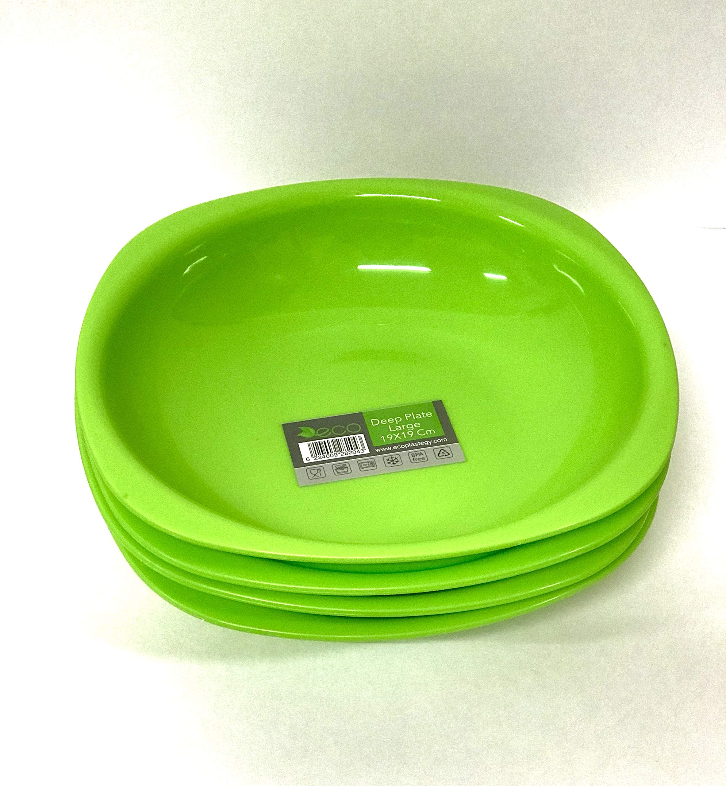 ECO 4 Pcs Unbreakable Deep 19 x 19 cm Green Round Plastic Plates | Large High Edge Family Plates | Stackable Plastic Plate Reusable for Birthdays, Picnic, BBQ & Parties (Green, Large)