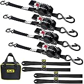 KJE Retractable Ratchet Straps, (4) 1" x 10' Tie Down Strap + (4) Soft Loop - Heavy Duty 1,650lb Max Break Strength, S-Hook with Clip, Self Retracting Ratchet Strap for Motorcycle, Kayak, ATVs, Boats
