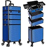 AROUS Rolling Makeup Train Case 4 in 1 Cosmetology Case on Wheels Large Storage Cosmetic Trolley with Key Salon Barber Case Traveling Cart Trunk, Blue