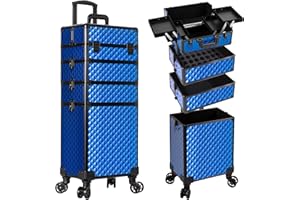 AROUS Rolling Makeup Train Case 4 in 1 Cosmetology Case on Wheels Large Storage Cosmetic Trolley with Key Salon Barber Case Traveling Cart Trunk, Blue