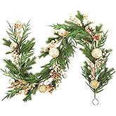 6ft Soft Real Touch Christmas Garland, Realistic Artificial Christmas Garland with Champagne Berries, Pine Cones and Balls, Faux Garland for Mantel, Table, Stair Indoor Outdoor Christmas Decor