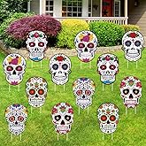 Thyle 12 Pcs 11.8 Inch Day of the Dead Yard Signs Sugar Skull Dia De Los Muertos Outdoor Decorations for Mexican Festival Halloween Gifts