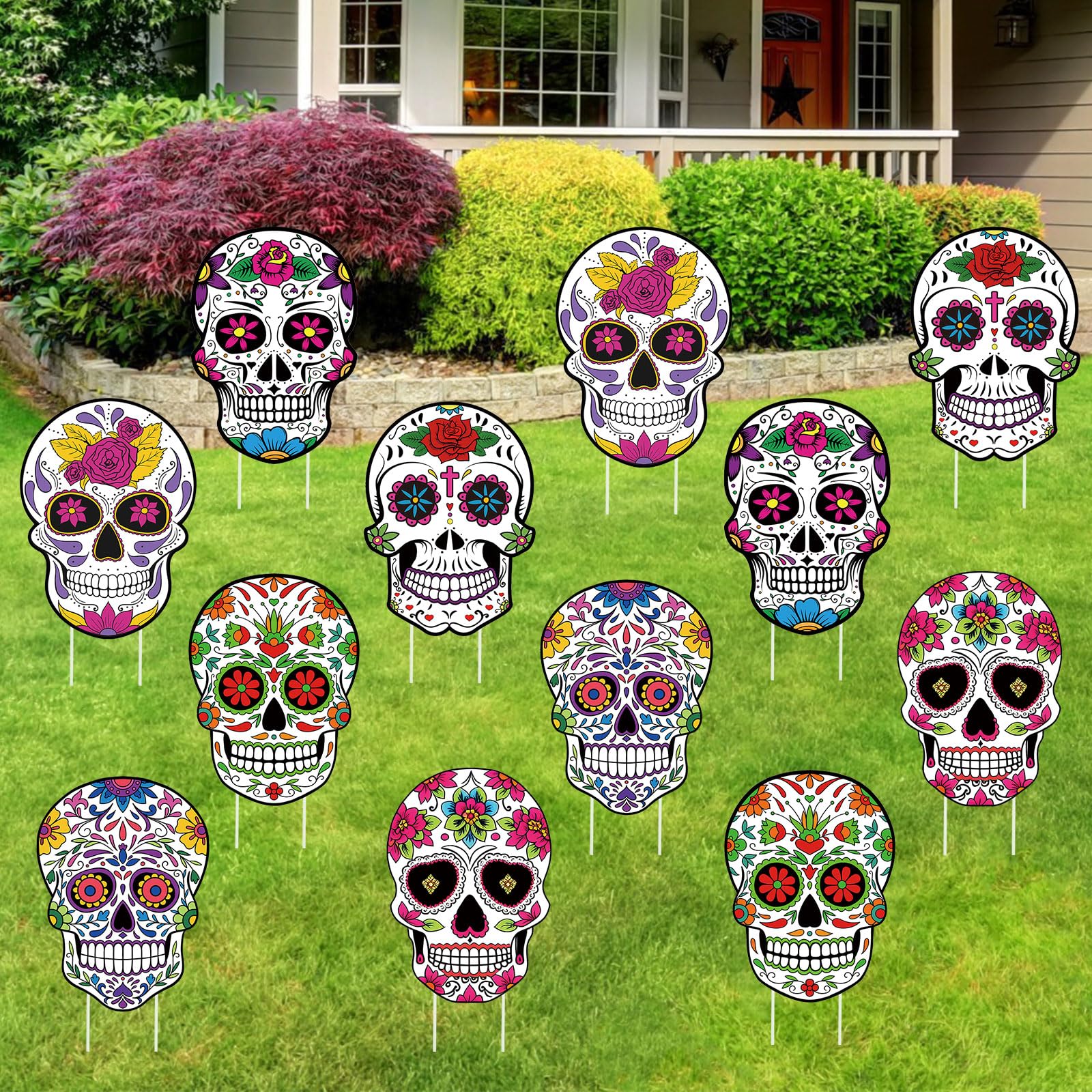 Photo 1 of Thyle 12 Pcs 11.8 Inch Day of the Dead Yard Signs Sugar Skull Dia De Los Muertos Outdoor Decorations for Mexican Festival Halloween Gifts