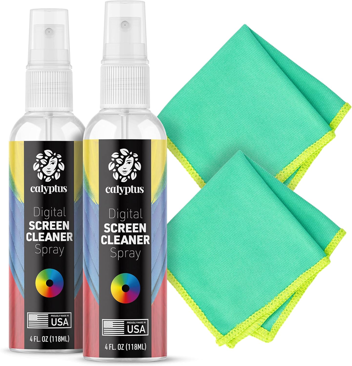 Calyptus Screen Cleaner Kit | Plant Based Power | USA Made | 8 Ounces + 8 Inch Pixel Shining Cloths | Streak Free Spray | Phone, Laptop, Tablet, Computer Screen Cleaning: Health & Personal Care