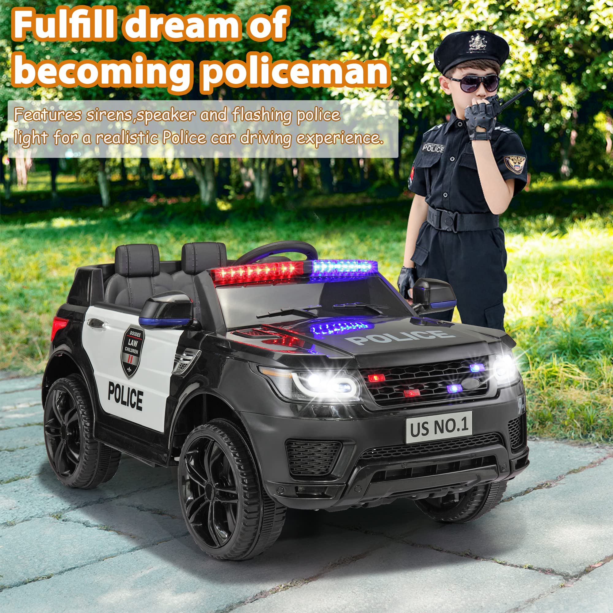 TOBBI Police Car Ride on Electric Car for Kids to Drive Battery Powered Ride-on Toys Cop Cars with Remote Control, Siren, Flashing Lights, Music, Spring Suspension, Carbon Black