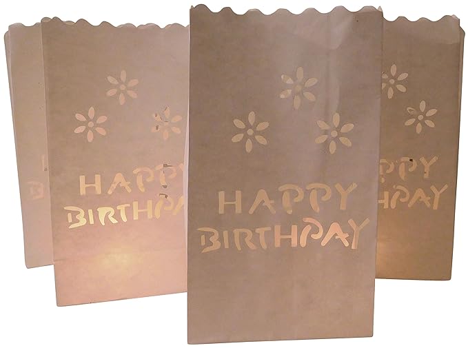 10 Stück Papier Lichttüten Lichtertüten Happy Birthday Geburtstag für Teelichter Kerzen Laternen weiß Kerzenhalter