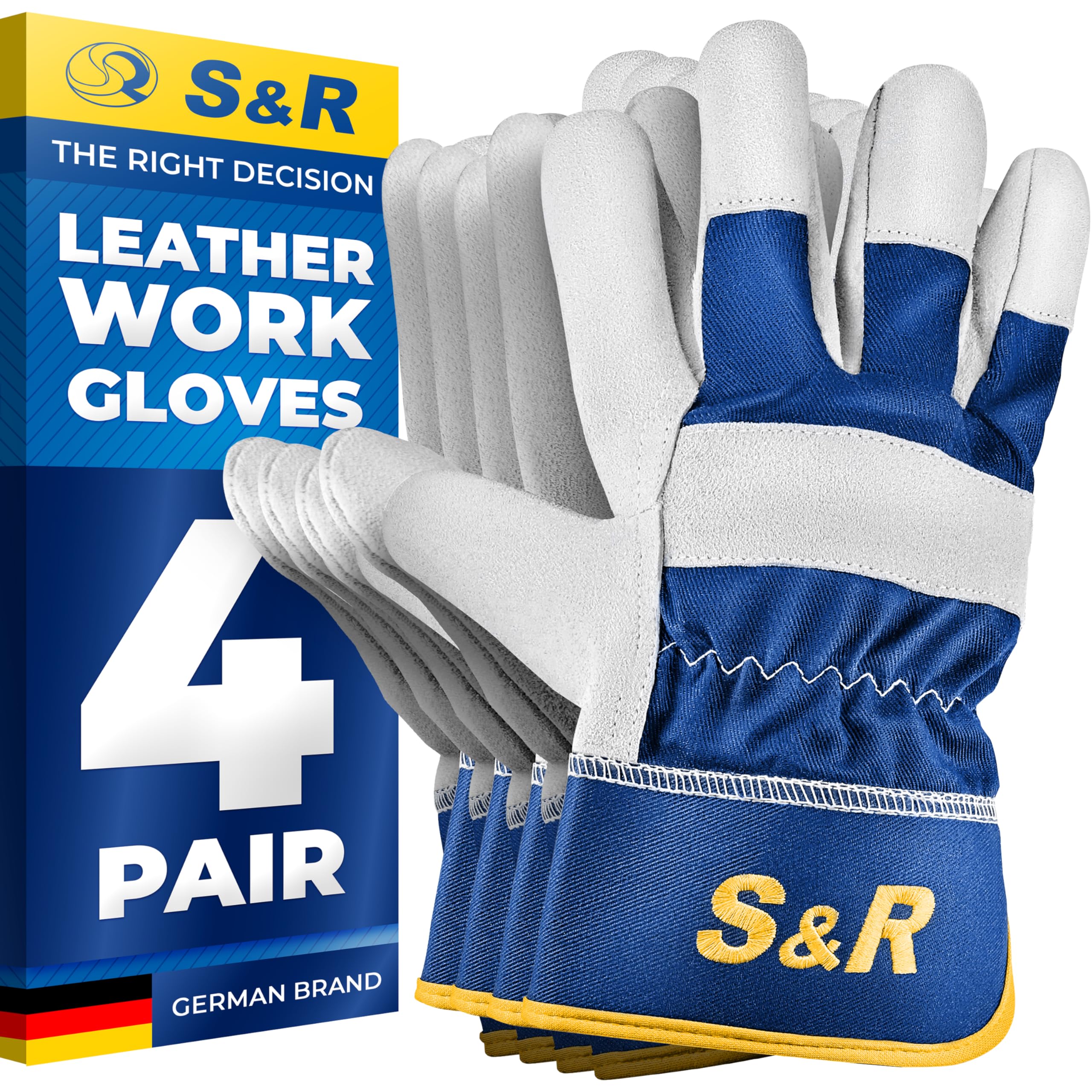 S&R Leather Work Gloves – 4 Pairs, Size XXL/11 | Heavy-Duty Construction, Gardening & Forestry Gloves | CE-Certified Protective Gloves with Soft Lining