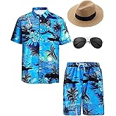 Mepase 4 Pcs Men's Hawaiian Outfit Hawaiian Short Sleeved Shirt and Shorts Set with Sunglasses Straw Hat for Men Beach