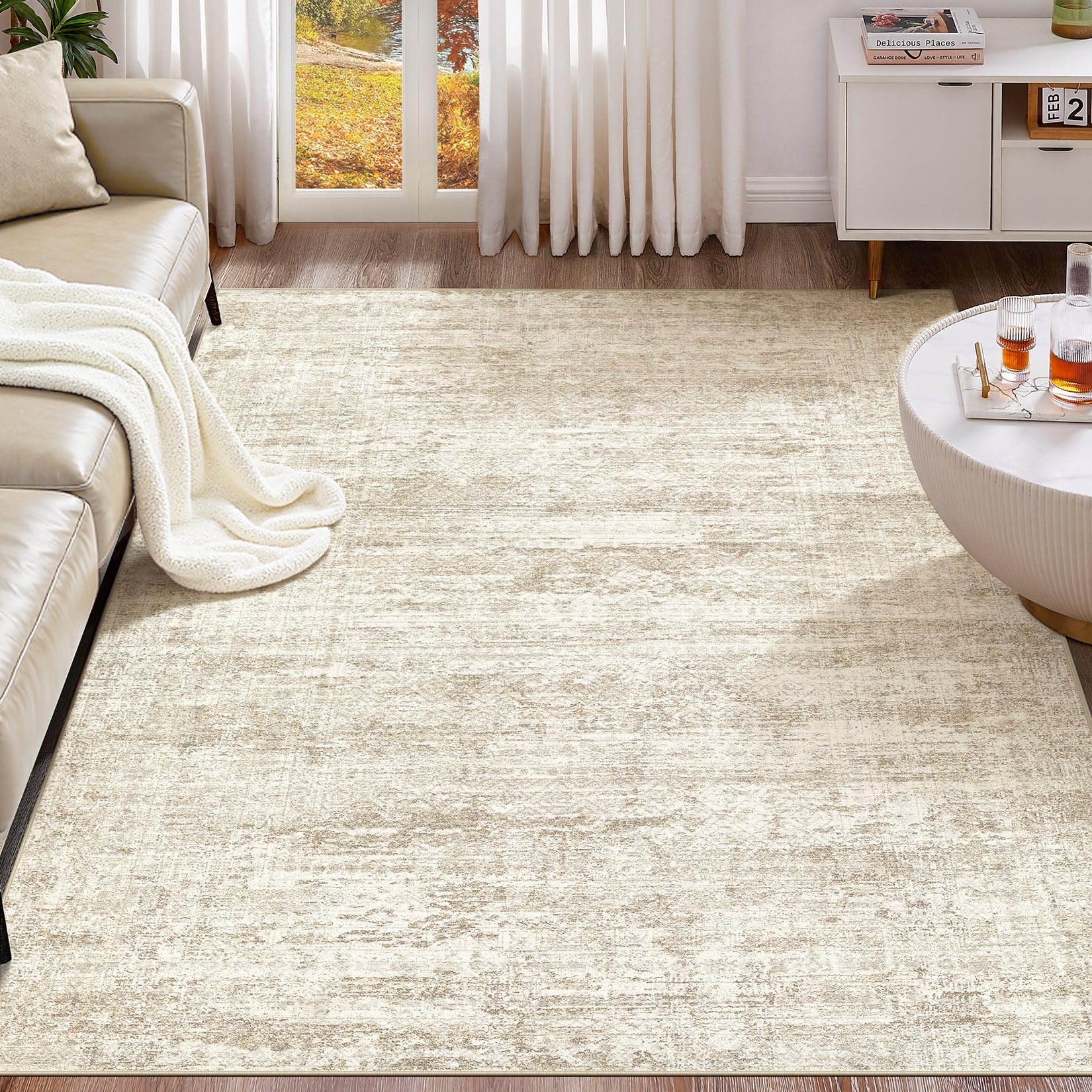 Photo 1 of UERMEI 9x12 Area Rug Living Room Rugs - Washable Neutral Modern Abstract Soft Thin Rug Indoor Floor No Slip Rug Carpet for Bedroom Under Dining Table Home Office Decor - Beige/Brown