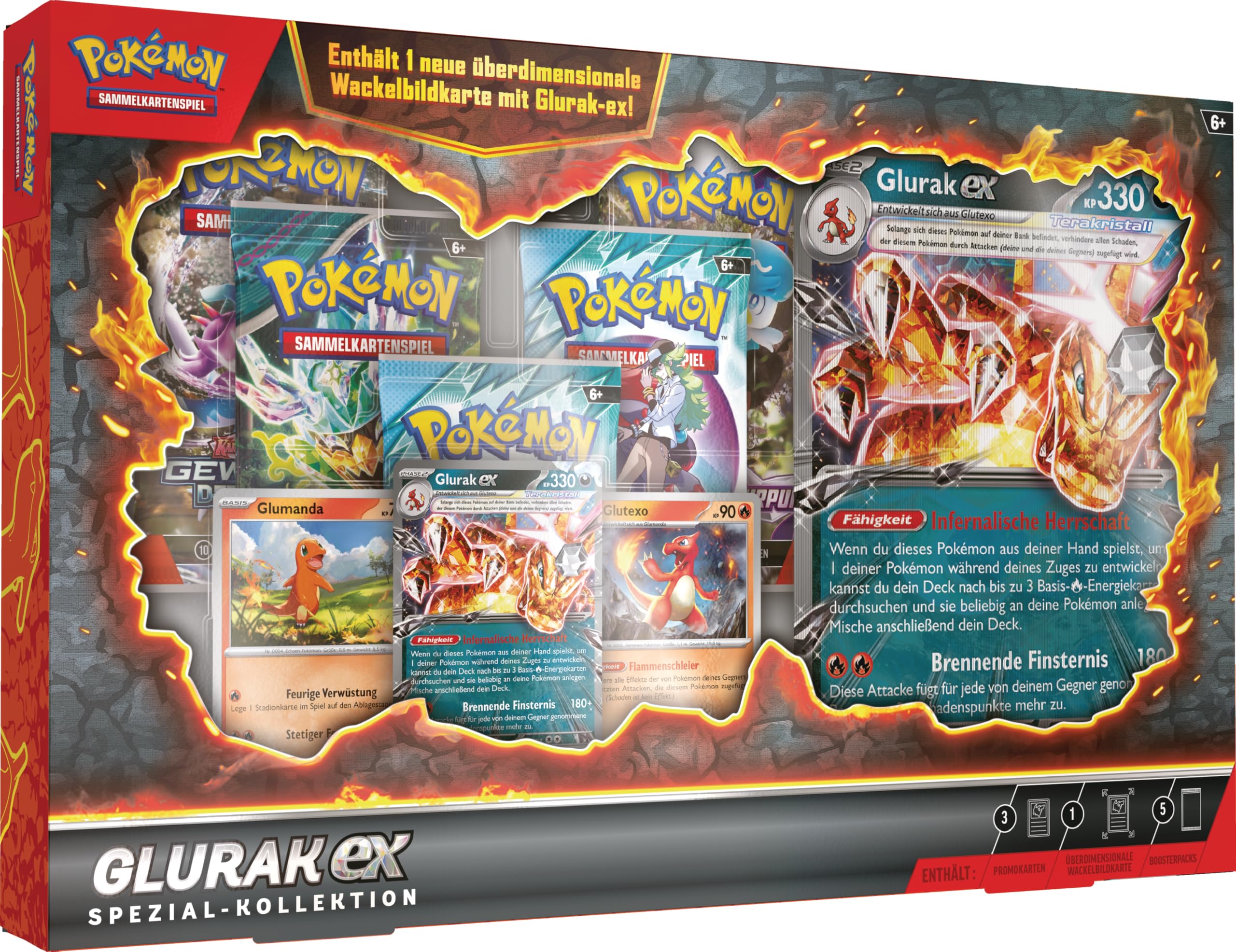 Pokémon-Sammelkartenspiel: Spezial-Kollektion Glurak-ex (1 holografische Promokarte, 2 holografische Karten, 1 überdimensionale Wackelbildkarte & 5 Boosterpacks)