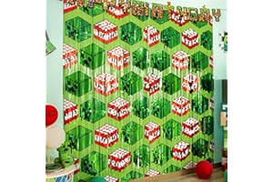 Bupelo Pixel Game Themed Party Supplies,2 Pack Creeper & TNT Tinsel Foil Fringe Curtains,Miner Photo Booth Prop Backdrop Streamer,Miner Crafting Birthday Decorations,Room Decor for Kids